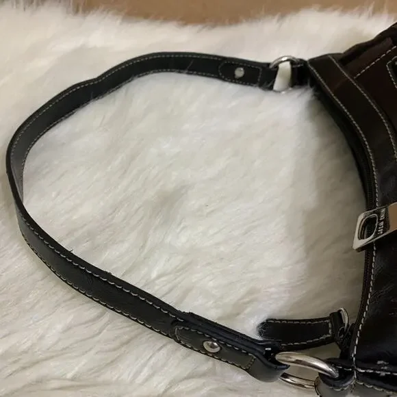 NINE WEST Vintage Y2K Dark Brown & Black Logo Pattern Canvas Hobo Shoulder Bag - Picture 5 of 10